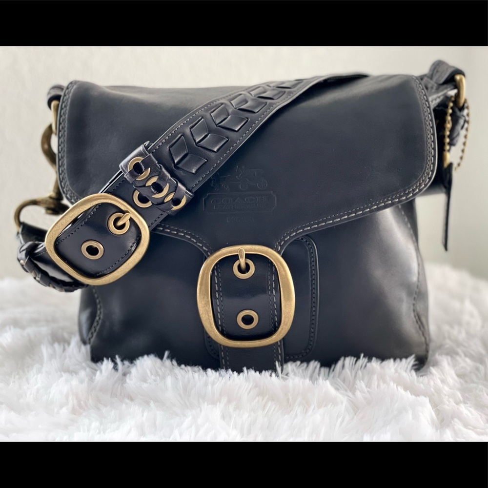 Coach black leather Bleeker Legacy Tattersall large flap shoulder bag